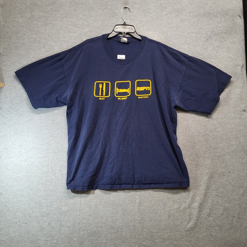 VINTAGE ESPN Men Shirt 2XL Blue Y2K Eat Sleep Watch Logo Short Sleeve Tee